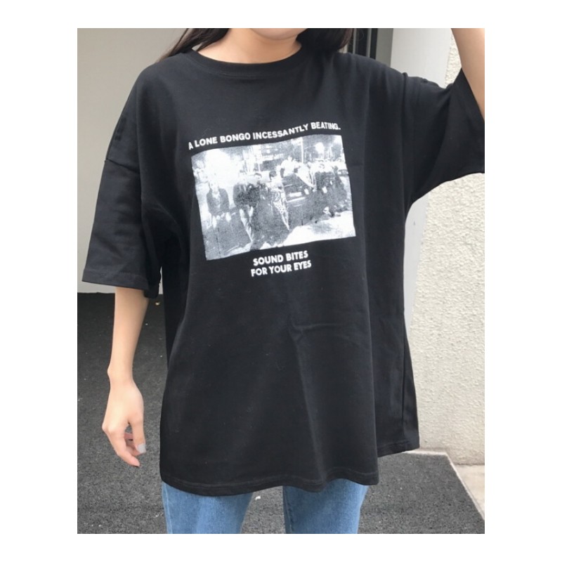 春季女装韩版中长款宽松复古人像印花圆领套头T恤短袖打底衫上衣黑色均码