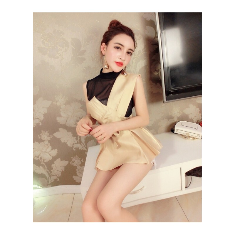 2018夏季新款时尚雪纺背心+不规则单肩绑带蝴蝶结上衣两件套潮女黑色+金色