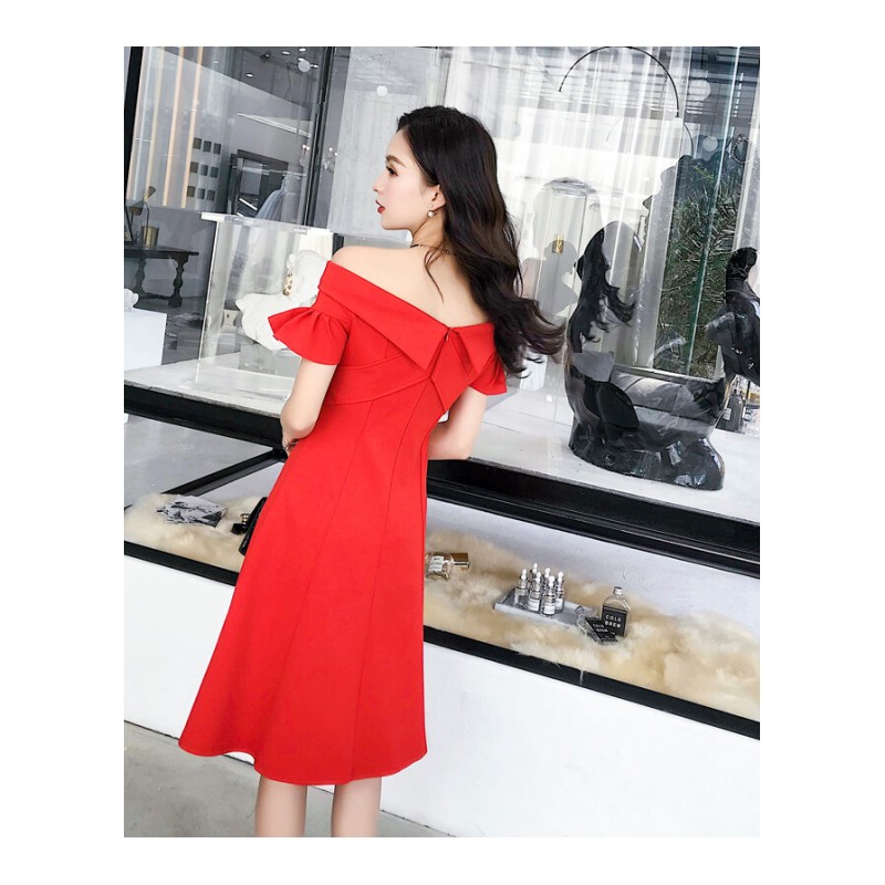 2018新款夏装黑裙时尚气质显瘦纯色一字肩性感气质礼服A字连衣裙