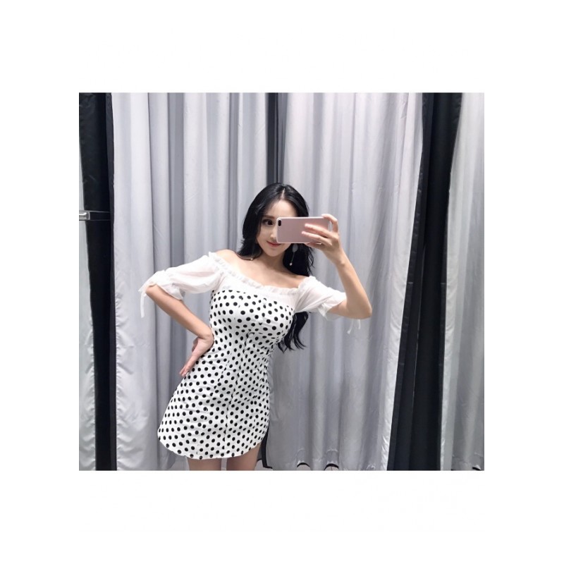 2018夏季时尚韩版气质名媛露肩一字领露背雪纺拼接网纱波点连衣裙图片色
