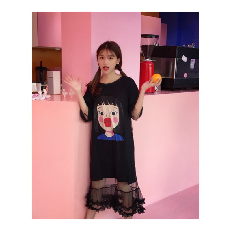 春夏女装韩版中长款假两件网纱拼接卡通短袖T恤连衣裙显瘦长裙白色均码
