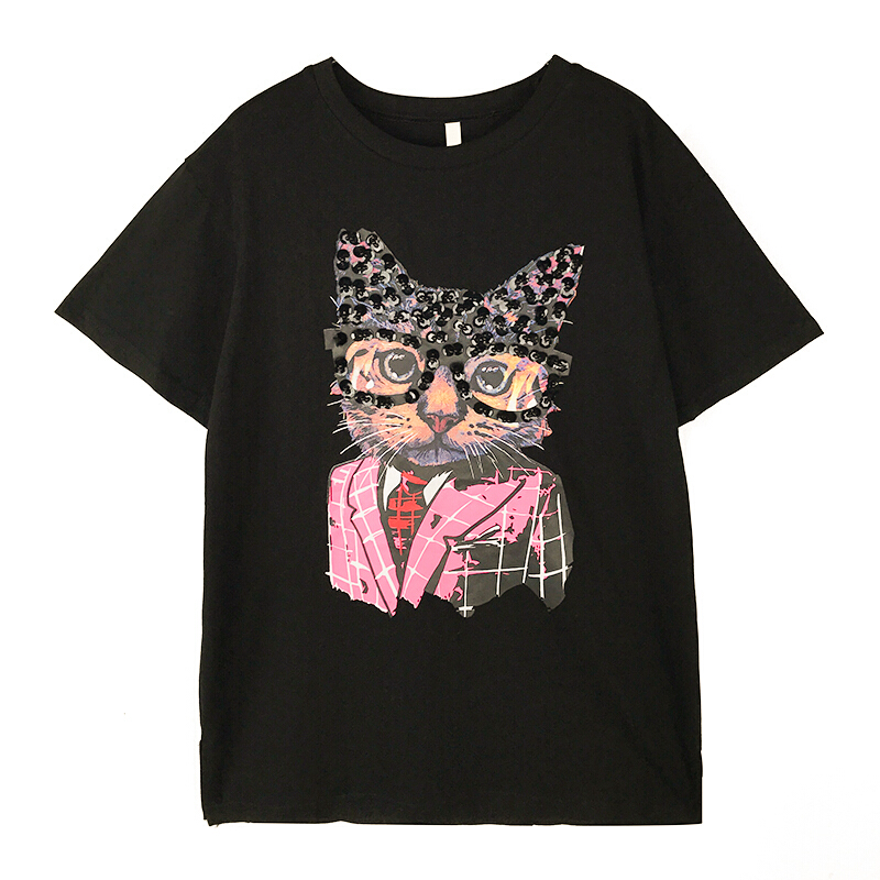黑色中长款短袖T恤女夏装2018新款学生宽松韩版猫咪印花半袖体恤黑色均码