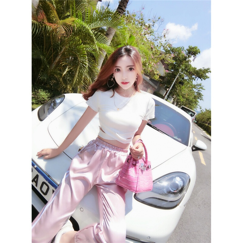 2018韩版夏季新款时尚休闲露脐短款T恤+显瘦小脚休闲裤时髦套装女白衣+粉裤