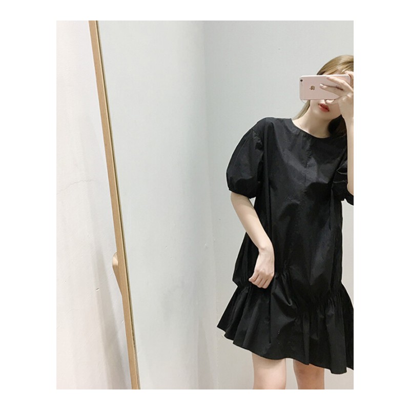 付臭美2018夏装新款韩版圆领短袖纯色连衣裙女中长款休闲百搭宽松黑色均码