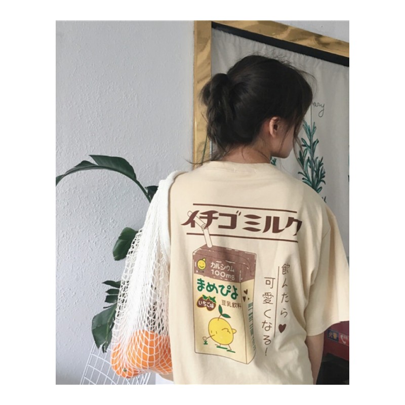韩版可爱背后卡通宽松短袖T恤夏装少女系粉色五分袖上衣学生体恤杏色均码