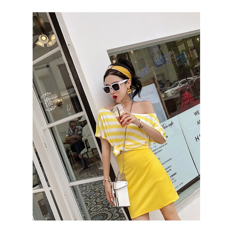 时尚套装女夏2018韩版新款休闲运动百搭半身裙一字领上衣两件套潮