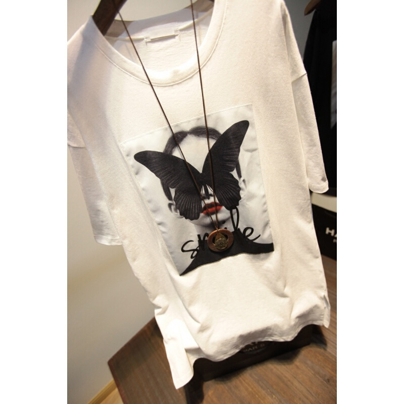 中长款短袖T恤女韩版宽松2018夏装新款显瘦圆领蝴蝶美女印花上衣白色均码