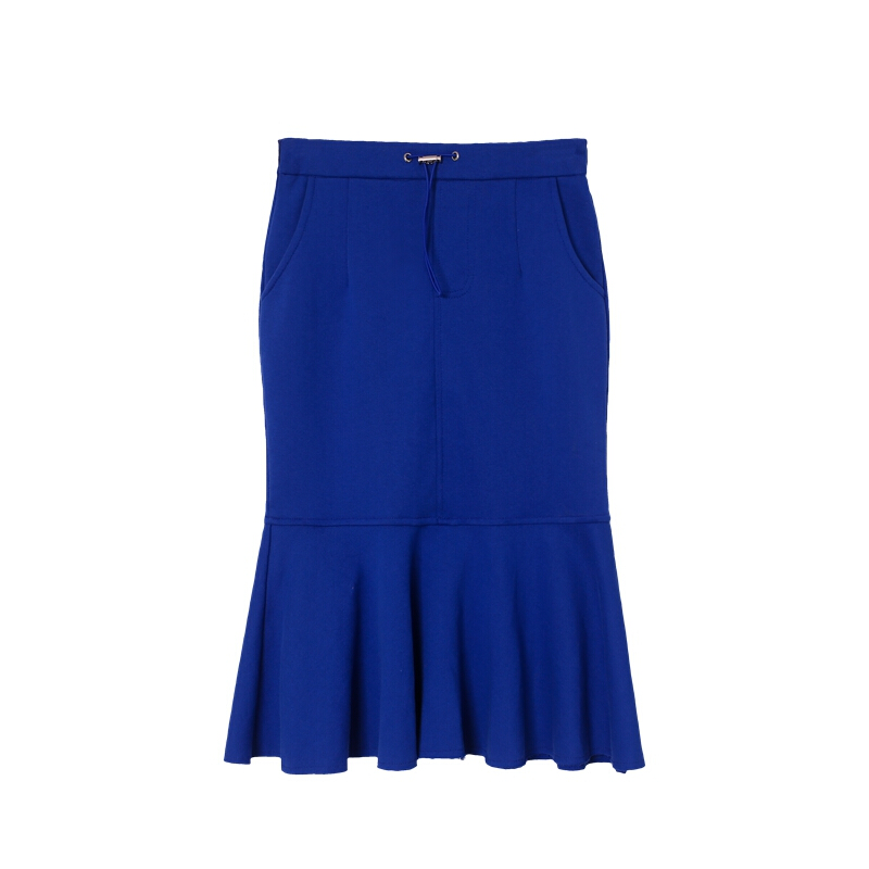 裙子女2018夏装新款韩版百搭高腰系带荷叶边半身裙中长款包臀裙蓝色