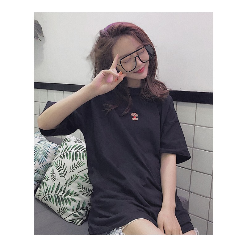 春夏女装韩版宽松学院风小清新刺绣小狗短袖T恤上衣学生打底衫潮白色均码
