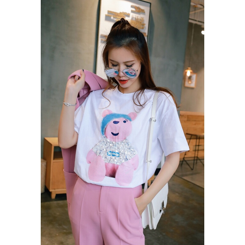 2018春季新款韩版小熊亮片打底衫可爱印花上衣短袖T恤女学生百搭粉色小熊均码