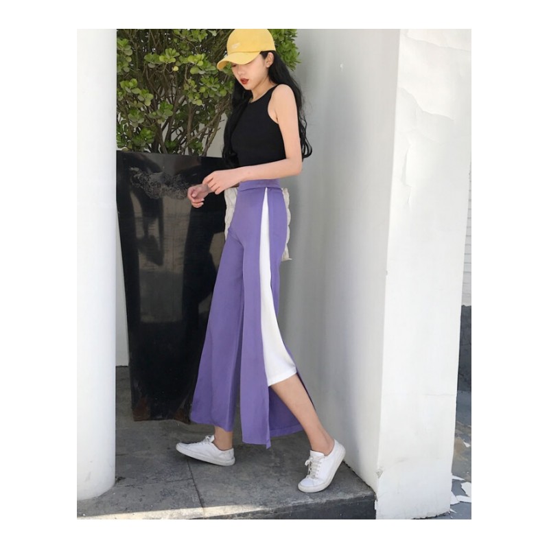 夏装女装韩版裤脚缺口高腰显瘦九分裤百搭阔腿裤薄款直筒裤休闲裤