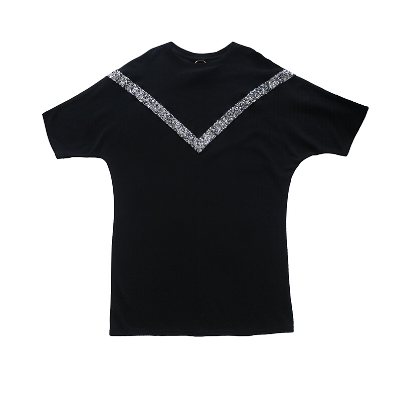 2018夏季新款韩版宽松显瘦大V亮片复古中长款百搭纯色短袖T恤女潮白色均码