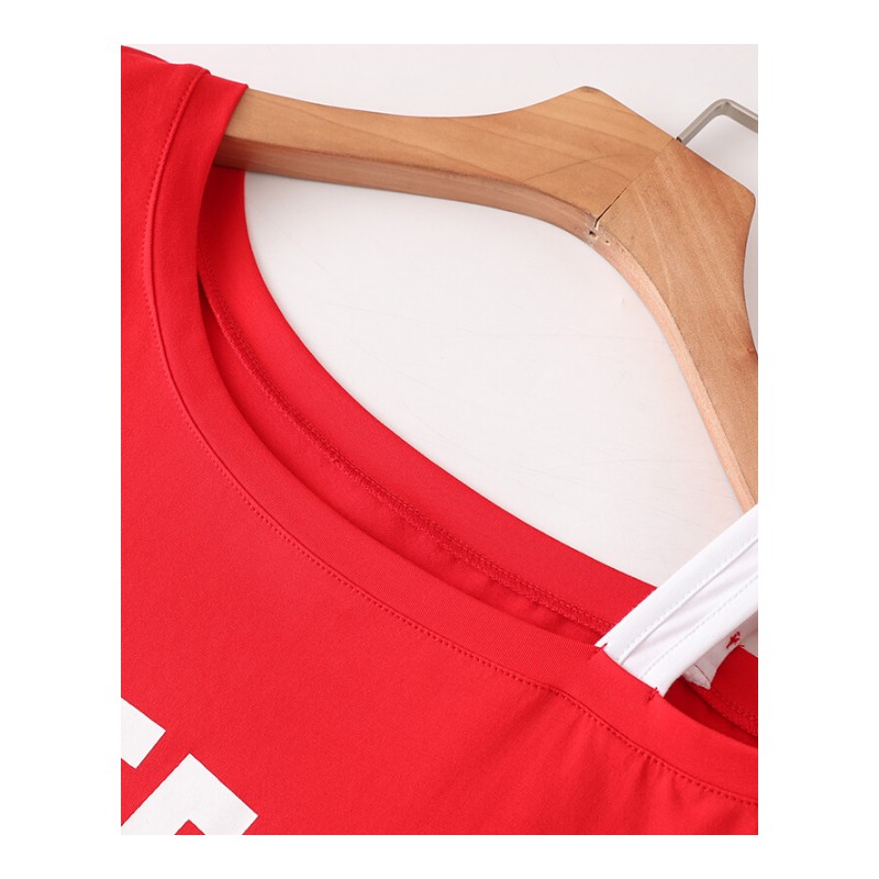 2018春夏新款韩版宽松大码时尚字母印花露肩短袖红色中长款T恤女