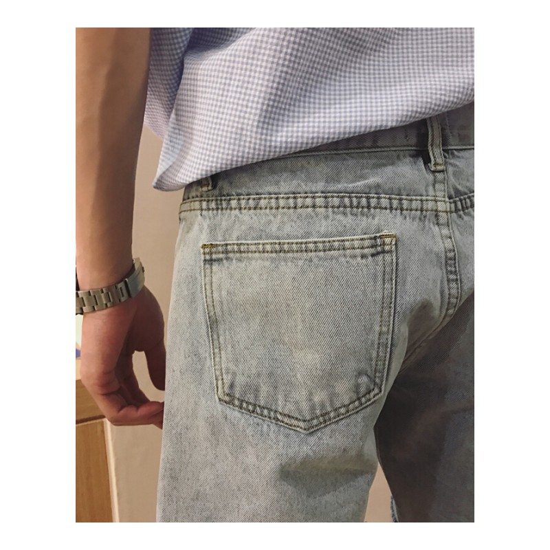 INS超火男士牛仔短裤夏季韩版薄款潮流男装直筒弹力修身五分裤子浅蓝色