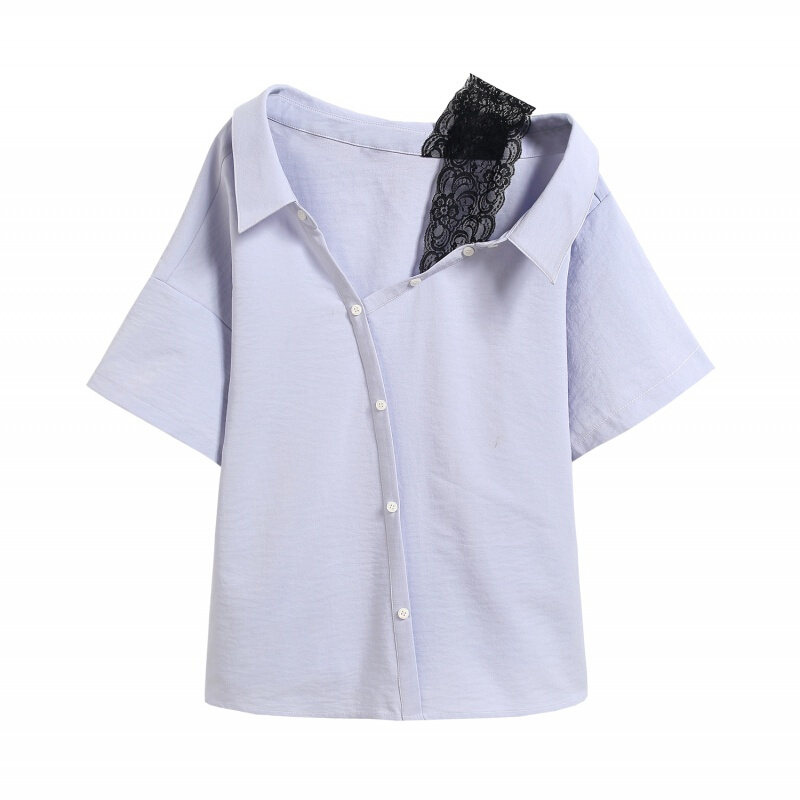 衬衣女2018新款漏锁骨上衣韩版宽松拼蕾丝小清新心机衬衫设计感浅蓝色