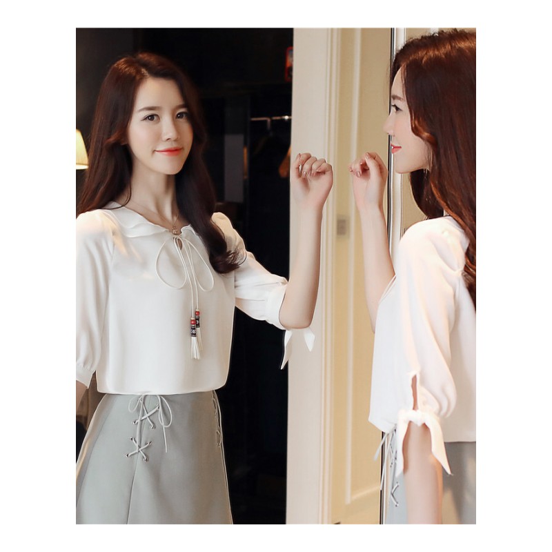 2018夏季新款韩版学院风短袖雪纺衫女细带白色雪纺上衣