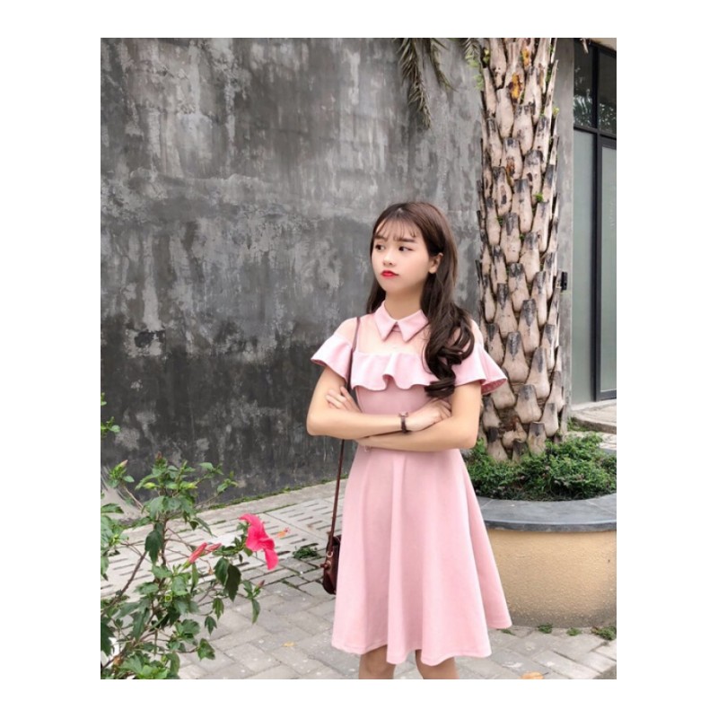 春夏女装韩版宽松显瘦中长款气质网纱拼接露肩短袖连衣裙学生长裙