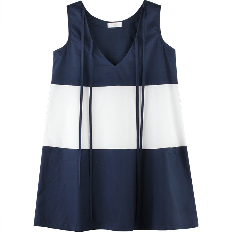 付臭美2018夏装新款韩版拼接撞色无袖连衣裙女中长款a字裙子学生 条纹 均码