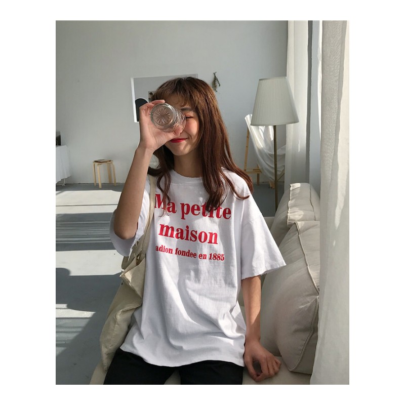 春季女装韩版宽松百搭圆领字母印花短袖套头T恤学生打底衫上衣潮白均码