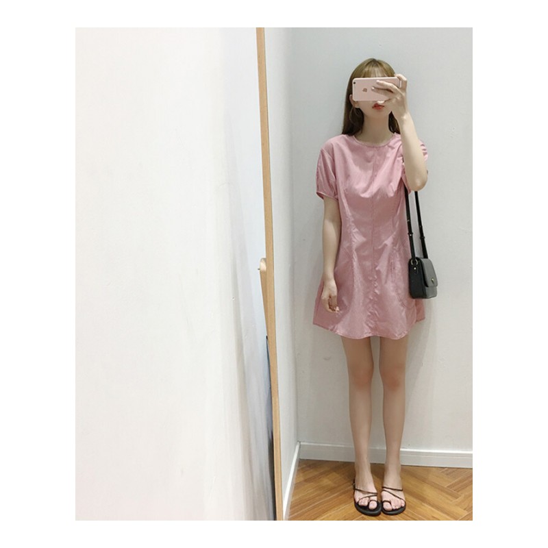 付臭美2018夏装新款韩版圆领格子短袖连衣裙女中长款a字裙子休闲黑色均码