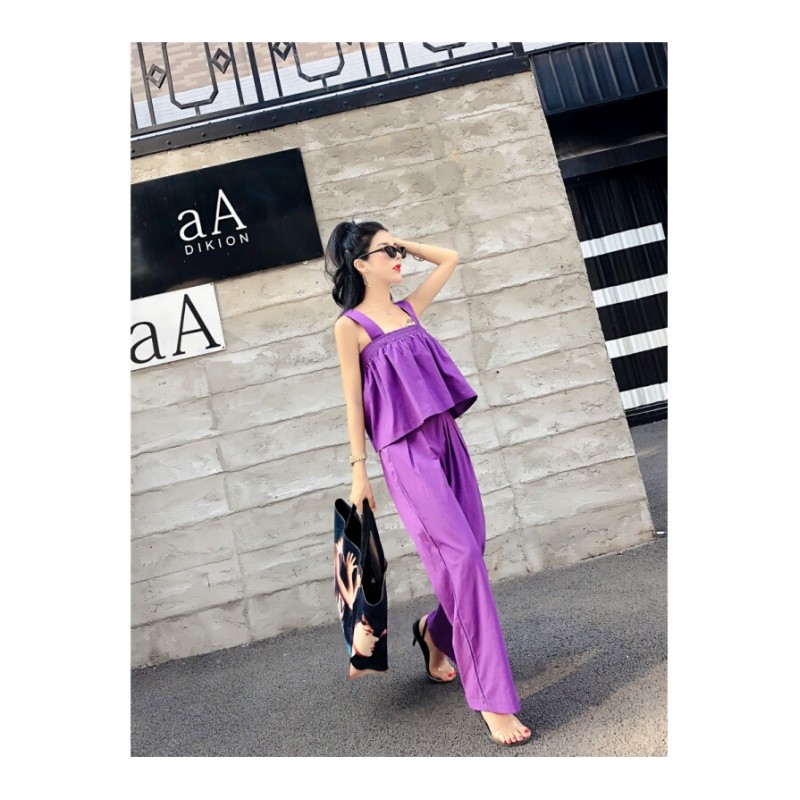 时尚新款女装2018夏季新款时尚带后背交叉上衣+高腰阔腿裤套装紫色均码