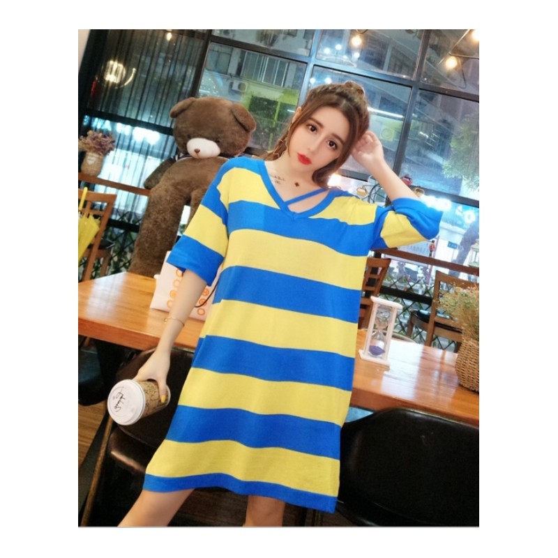 夏装2018新款女韩版时尚百搭胸前交叉宽松显瘦条纹休闲针织连衣裙蓝黄条均码