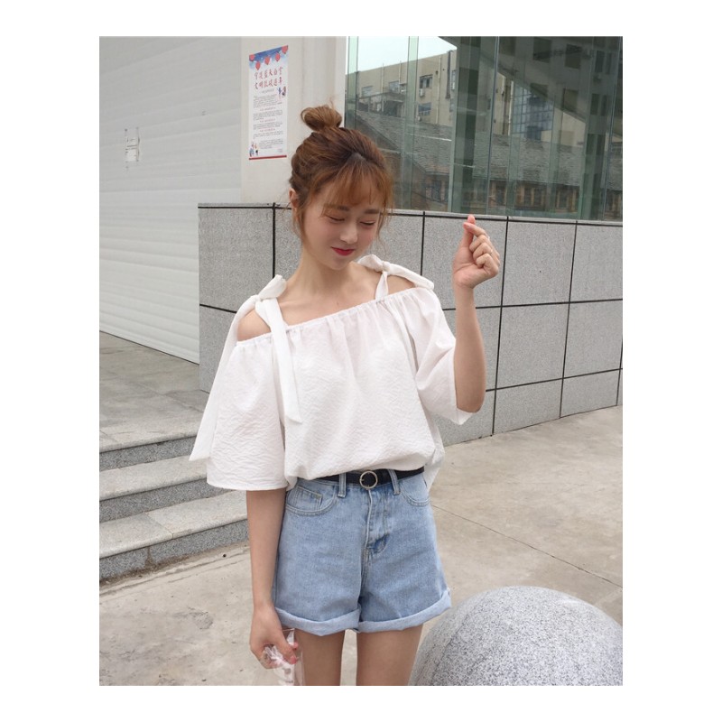 夏装女装韩版宽松百搭条纹系带一字领衬衫露肩短袖休闲衬衣上衣潮蓝色均码