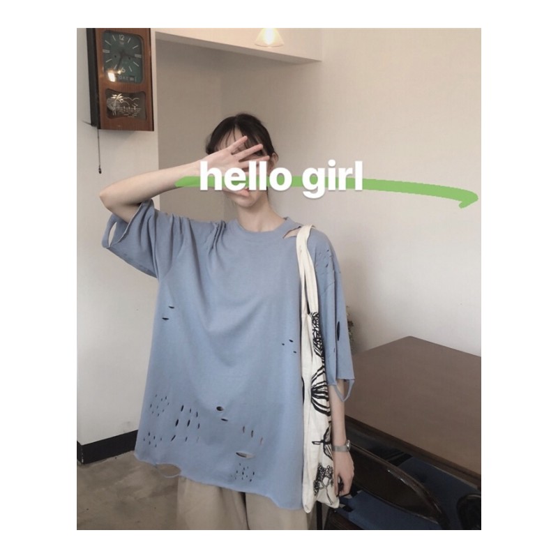 夏装韩版个性破洞镂空宽松百搭五分袖T恤学生休闲短袖体恤上衣女蓝色均码