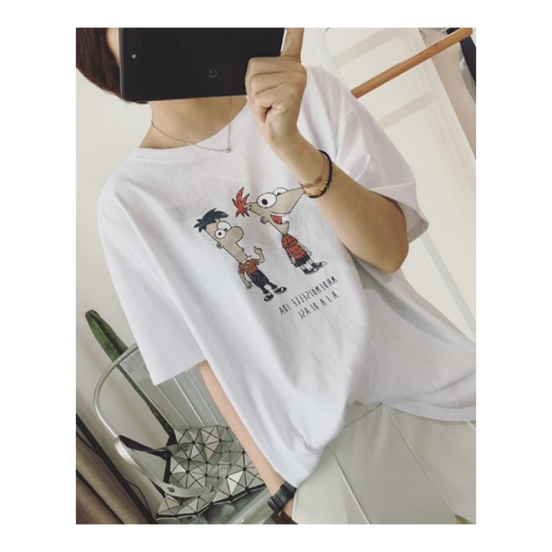 2018春夏季新款韩版百搭卡通印花水洗棉质宽松圆领短袖T恤上衣女桔色均码