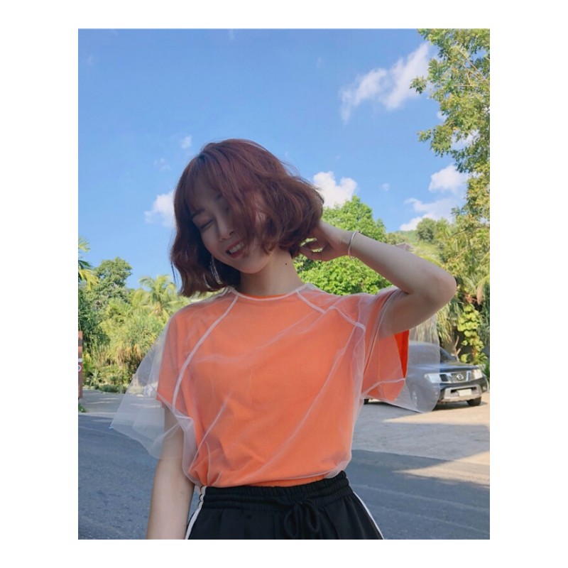 夏装女装韩版宽松甜美糖果色纯色百搭短袖T恤打底衫上衣+网纱罩衫白色均码