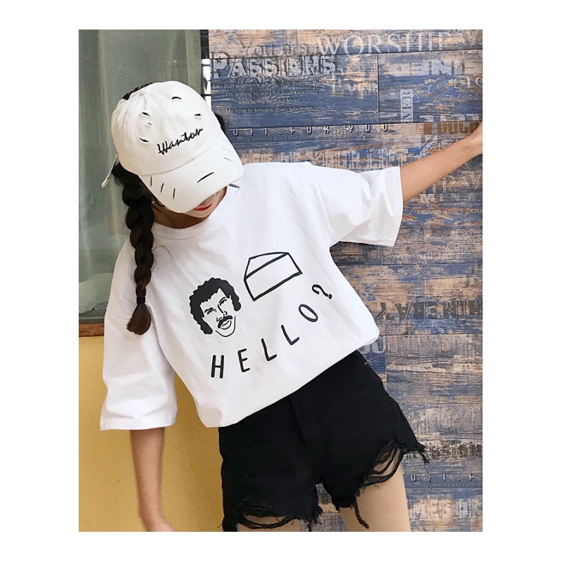 春夏女装韩版宽松百搭卡通印花圆领短袖T恤学生中袖打底衫上衣潮红色均码