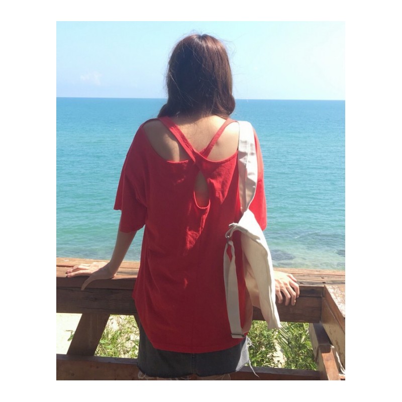 春夏女装韩版宽松复古小孩印花后背交叉短袖T恤露背打底衫上衣潮红色均码