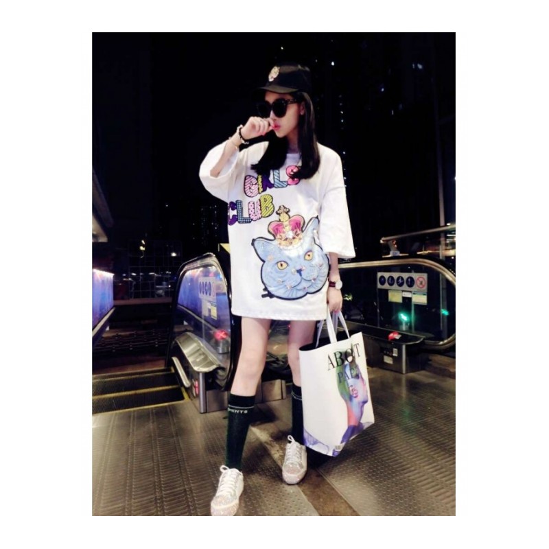 安吉拉欧货半袖女2018新款春夏新重工亮片猫宽松百搭中长款T恤潮 白色 均码