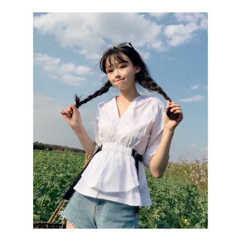 夏装女装2018新款韩版高腰V领收腰显瘦衬衫休闲短袖衬衣上衣学生白色均码