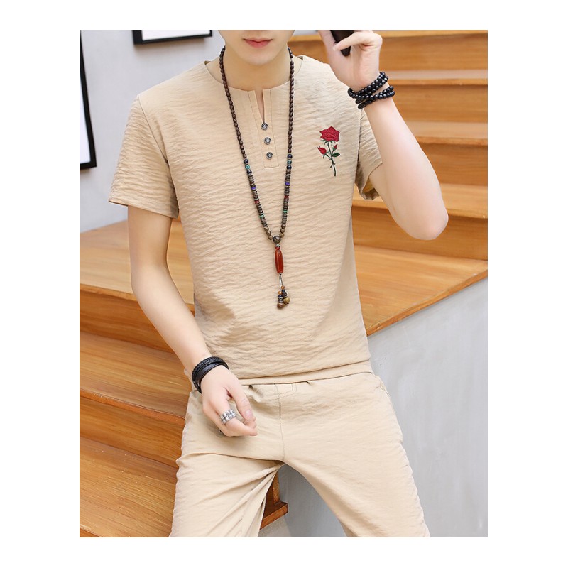 2018夏季新款冰丝短袖T恤男韩版潮流刺绣花一套衣服半袖T白色1853