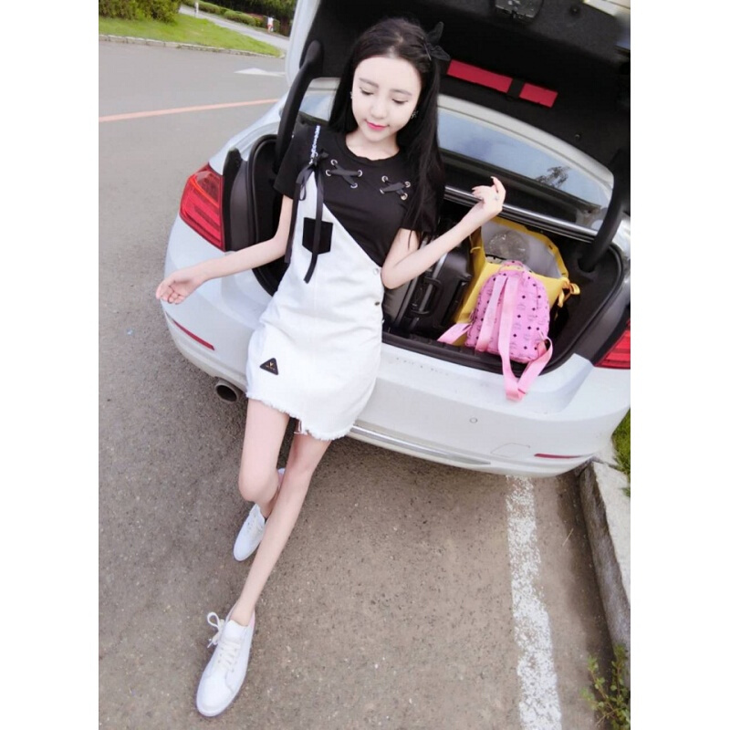 2018夏装新款韩版修身系带个性短袖上衣+包臀背带裙套装女两件套白+黑