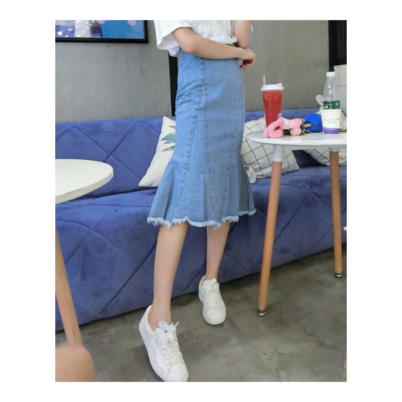 牛仔半身裙女毛边2018春季新款韩版潮流修身显瘦百搭中长鱼尾裙子浅蓝色