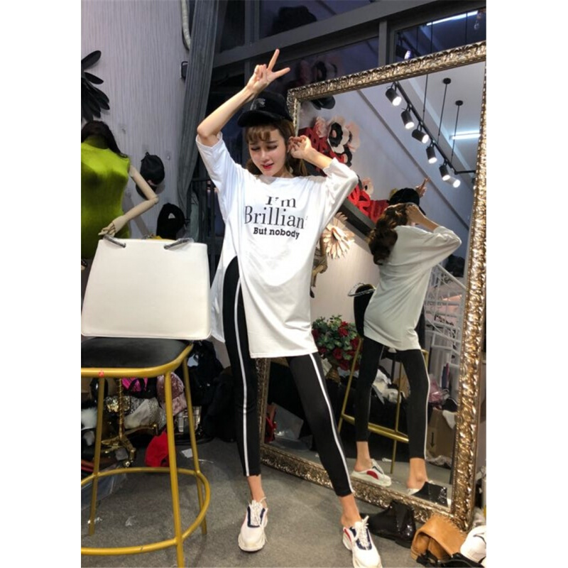 2018夏季新款时尚宽松圆领T恤开叉连衣裙+黑色修身打底裤两件套装白衣黑裤均码