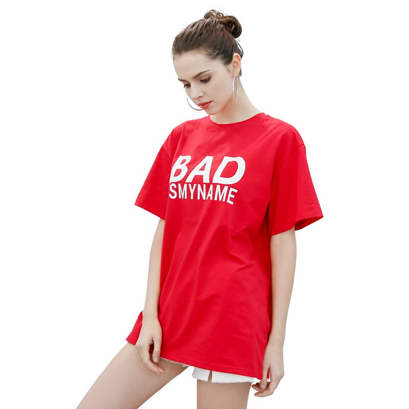 上衣宽松韩版红色短袖女2018新款下衣失踪T恤学生女中长款 红色 均码
