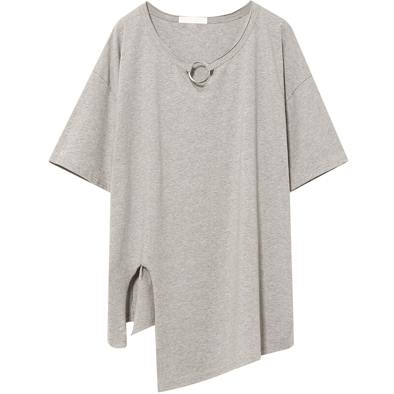 哦呀苏米基础款纯色环扣圆领T恤女中长款宽松大码不对称下摆上衣白色均码