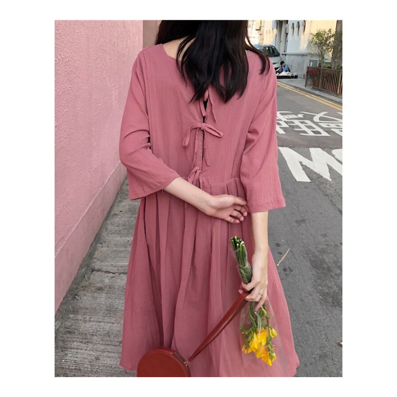 里小姐~夏装女装韩版后背系带中长款过膝短袖连衣裙气质裙子 红色 均码