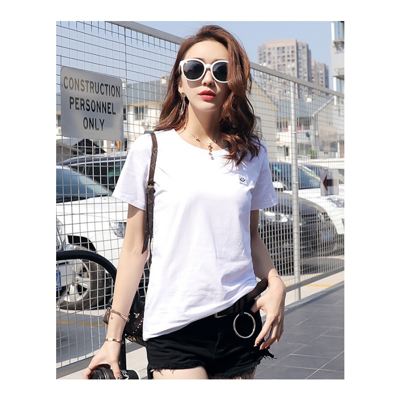 白色T恤女短袖笑脸纯棉2018新款韩版宽松简约体恤百搭上衣打底衫