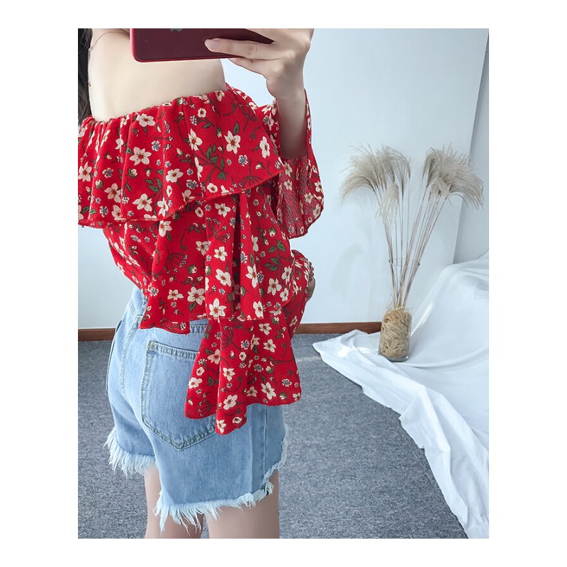 夏季新款女装衬衫2018韩版一字肩碎花雪纺荷叶边喇叭袖chi风上衣白色均码