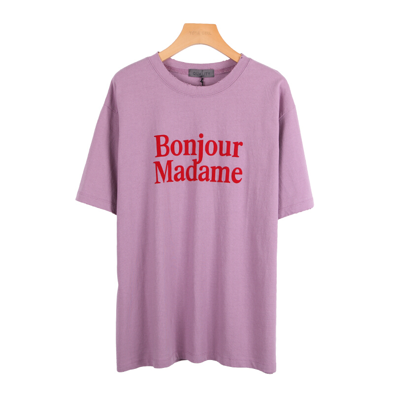 植绒字母T恤女韩版2018春款宽松显瘦中长款磨破短袖打底衫上衣紫色均码