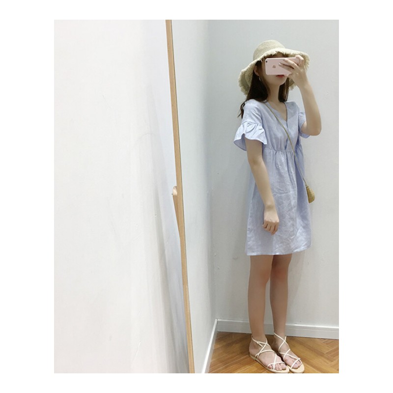 付臭美2018夏装新款韩版V领纯色短袖连衣裙女中长款a字裙子休闲 蓝色 均码