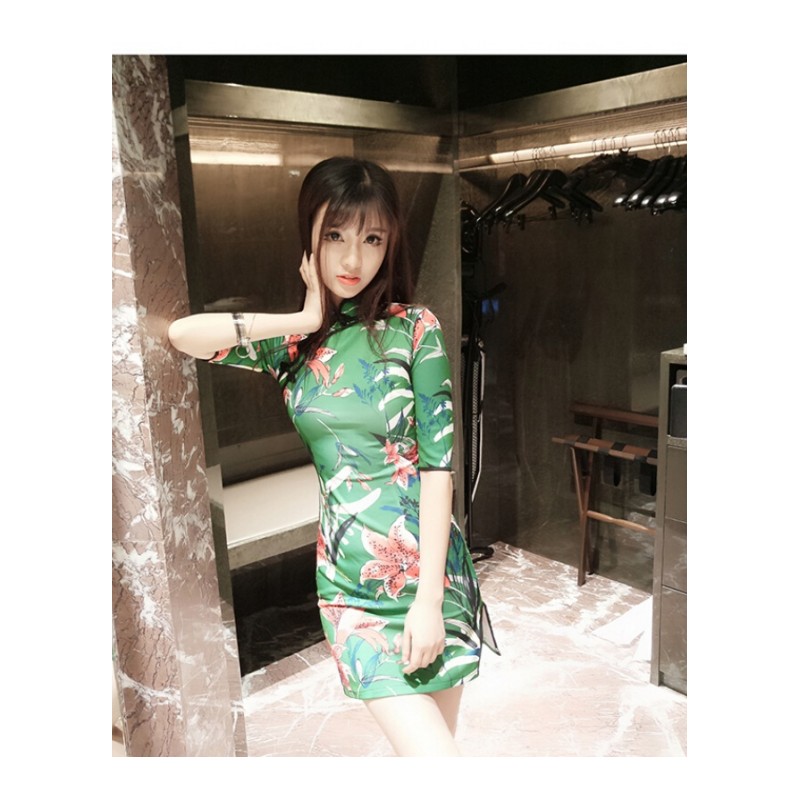 2018夏季新款韩版时尚气质百搭修身显瘦花色包臀开叉旗袍连衣裙女绿色