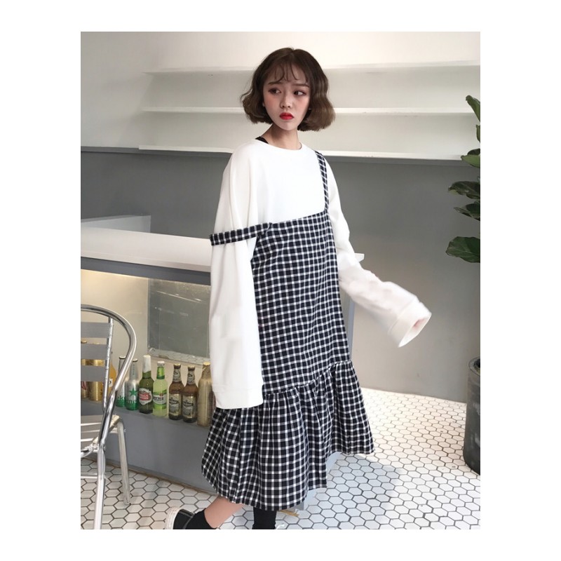 春装女装韩版学院风宽松百搭中长款格子背带裙连衣裙学生显瘦长裙黑色均码