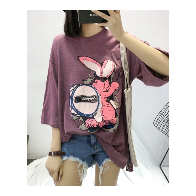 新款圆领卡通印花下摆开叉大码宽松竹节棉显瘦中长款T恤打底衫女白色均码