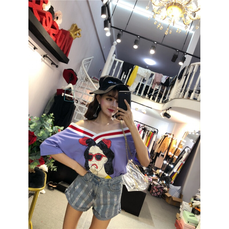 夏装2018新款时尚百宽松显瘦搭螺纹前后大V领印花女人T恤休闲上衣粉色均码