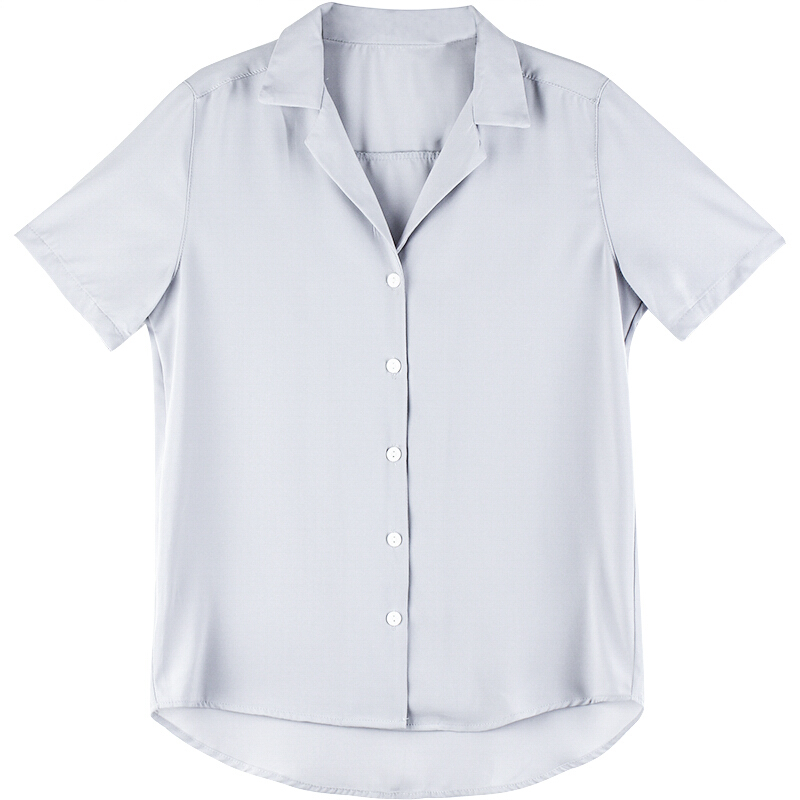 付臭美2018夏装新款韩版短袖纯色衬衫衬衣女休闲百搭上衣学生女装 烟灰色 均码